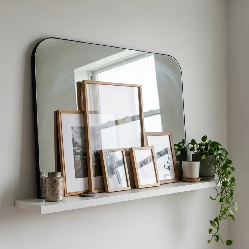 Layered frames and mirror with plant on shelf