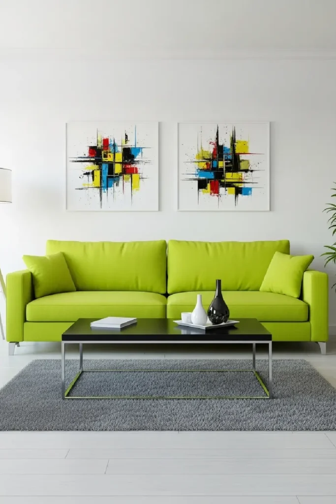 Lime green couch with modern art and black table