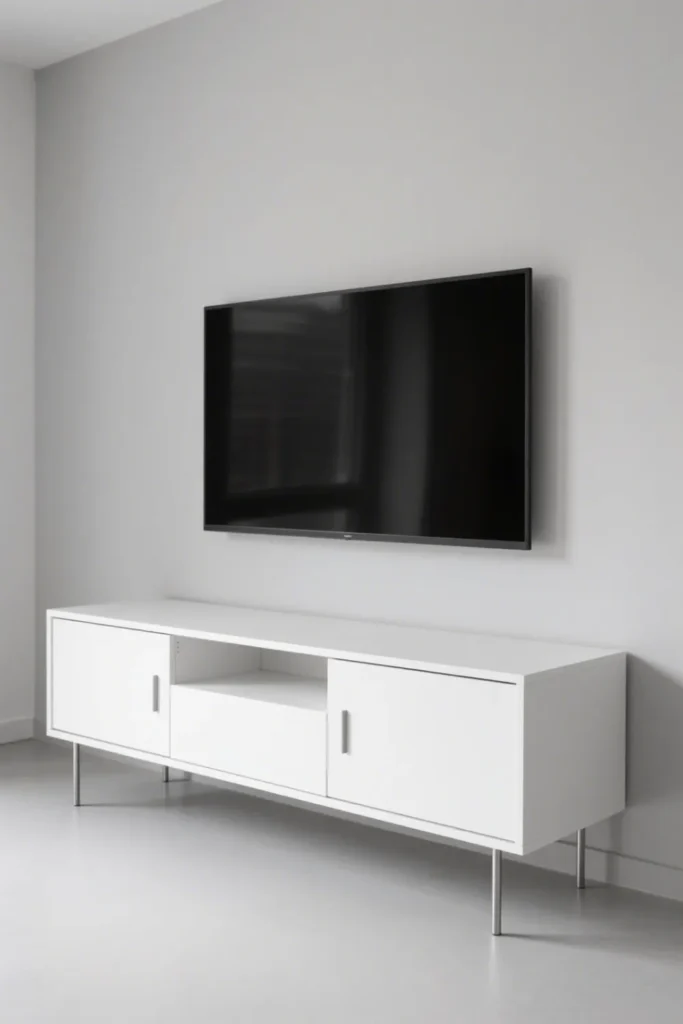 Minimalist white TV stand floats with hidden storage below
