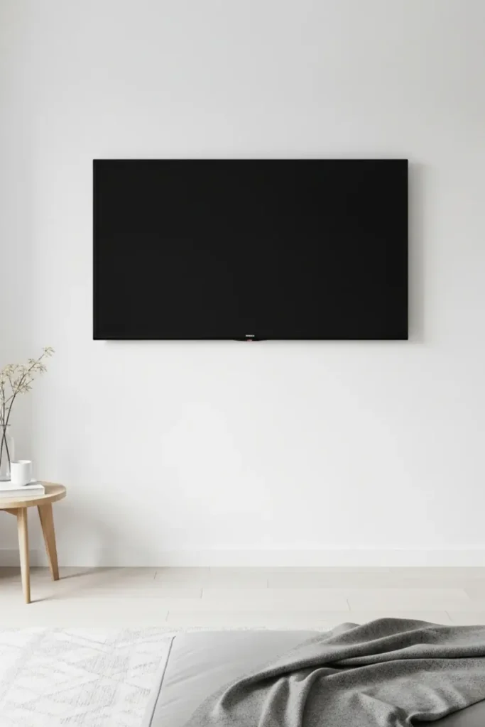TV hangs alone on clean, white uncluttered wall