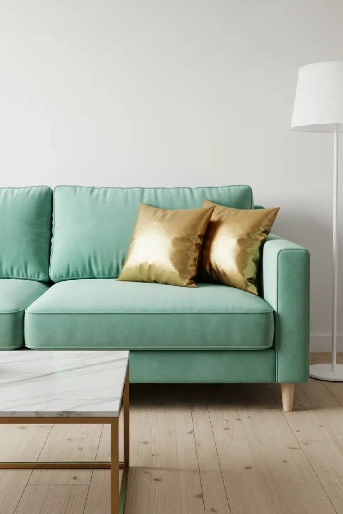 Mint green velvet sofa with gold pillows and marble table