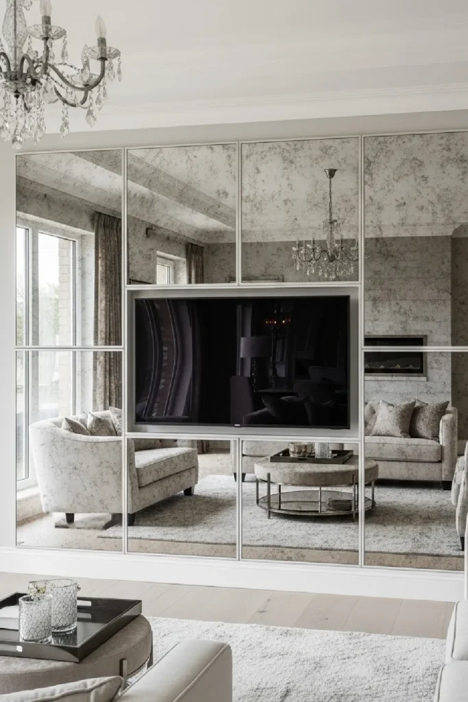 Four mirror panels frame TV, reflecting light and space