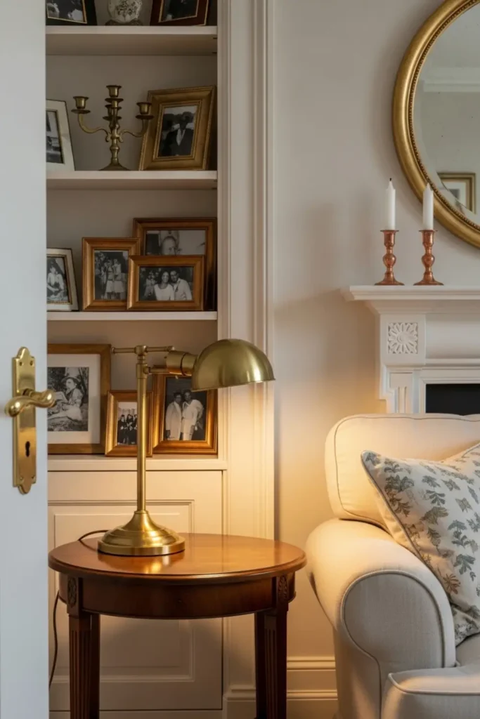 Warm brass and gold metals add elegant richness