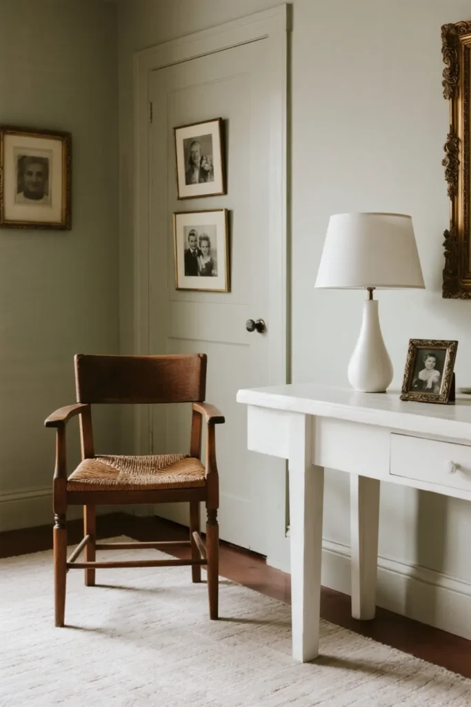 Antique chair beside modern white table