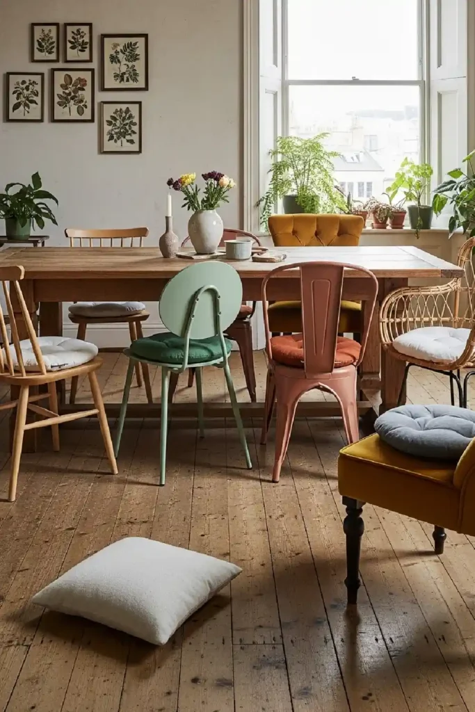 Eclectic mix of colorful dining chairs