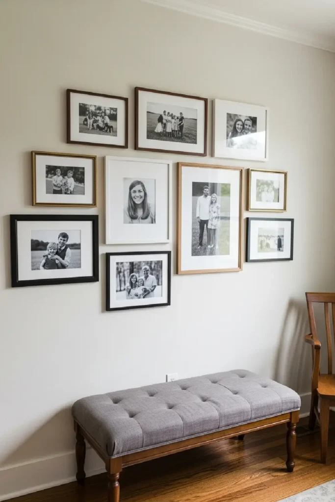 Mixed frame wall with black and white photos
