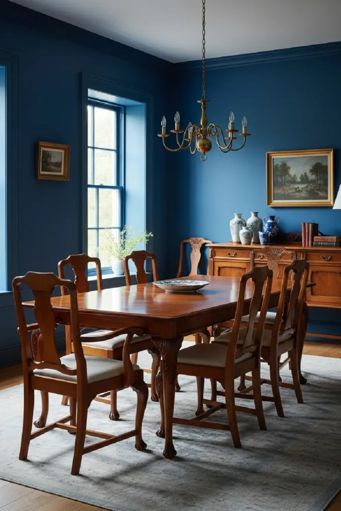 Deep blue walls with warm wood