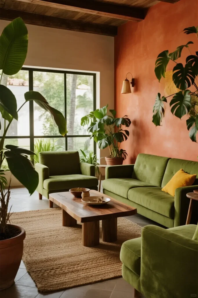Moss green sectional with plants and natural decor