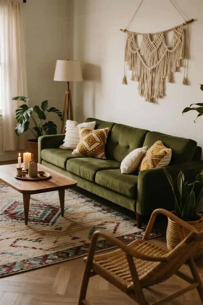 Olive green sectional with boho decor and candles