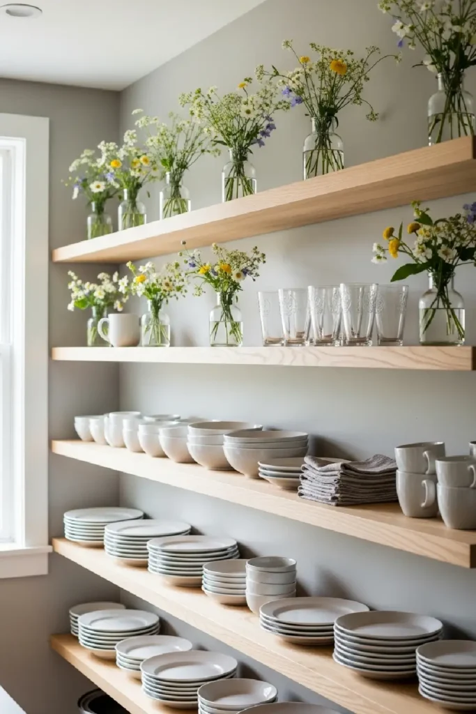 Open wooden shelves with tidy dishes