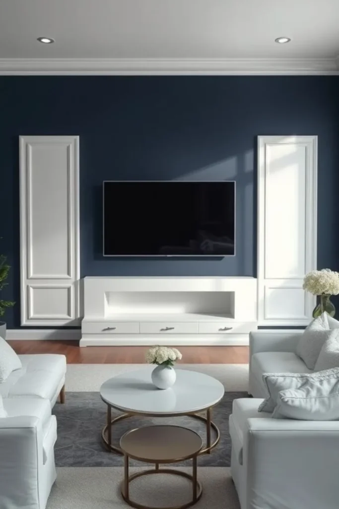 Navy accent wall makes TV blend into background