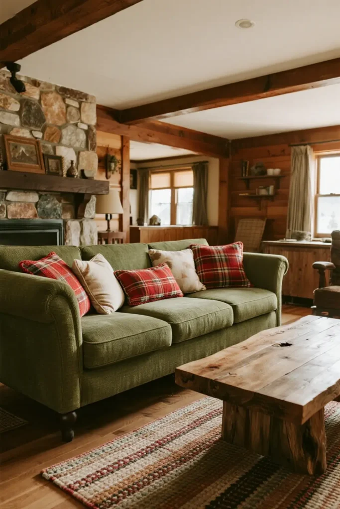 Pine green couch in cozy rustic cabin living room