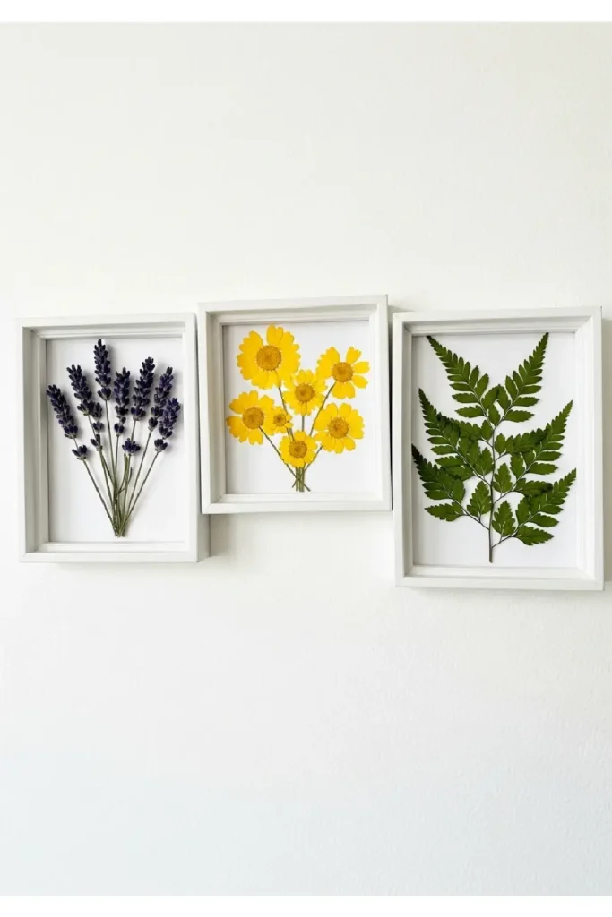 Framed dried flowers in simple white glass frames