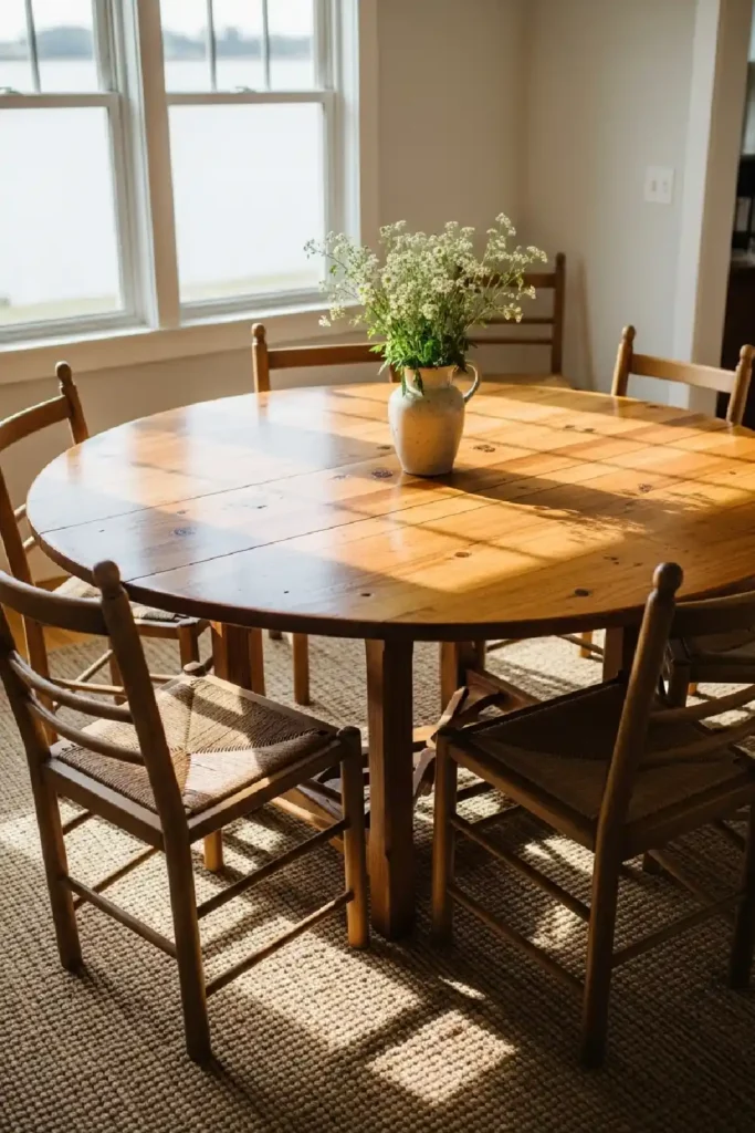 Round wooden table with natural light