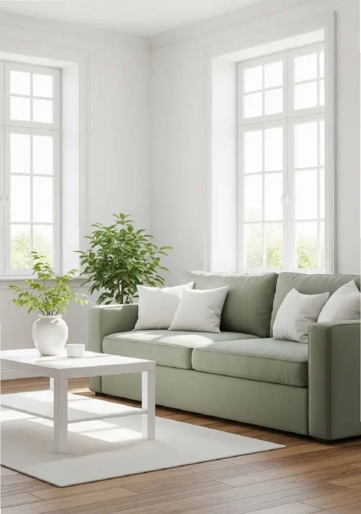 Sage green sofa with white walls and natural light