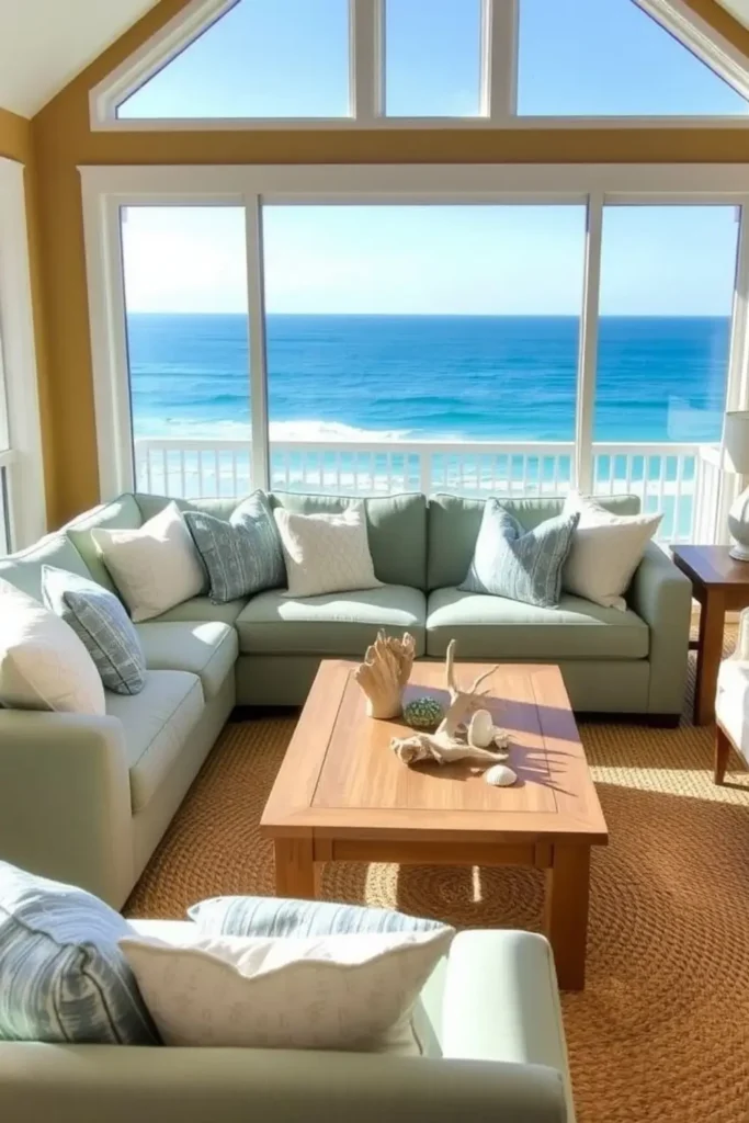 Seafoam green sectional with ocean view and coastal decor