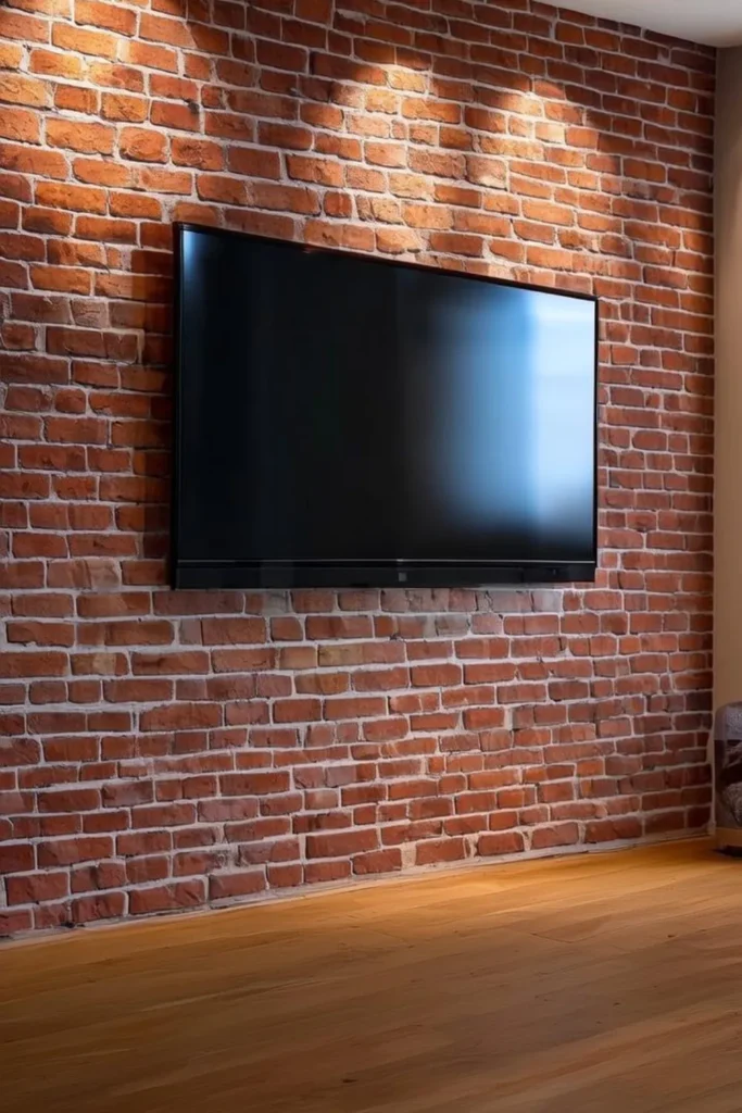 Mounted TV contrasts against warm, textured brick wall