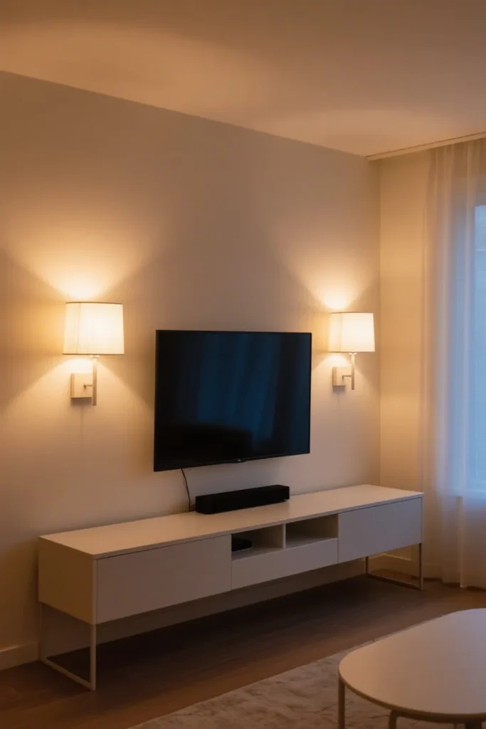 Matching wall sconces softly illuminate TV with warm light