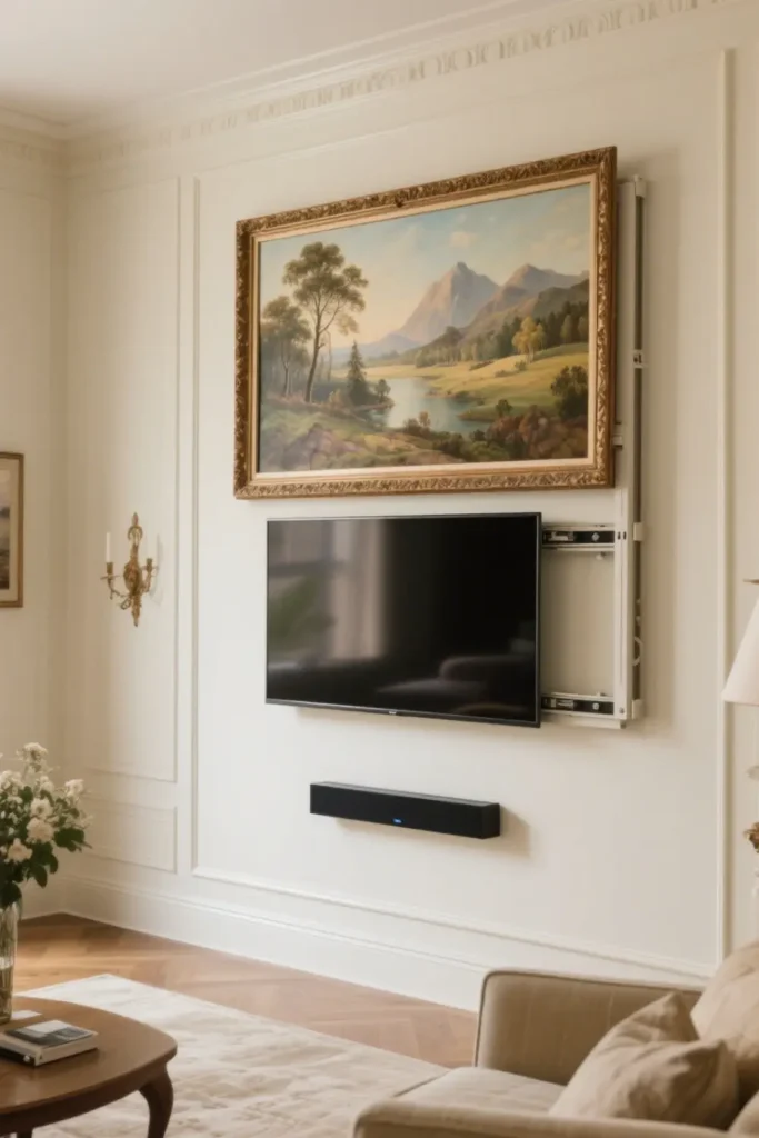 Sliding framed painting hides TV, adding timeless eleganc