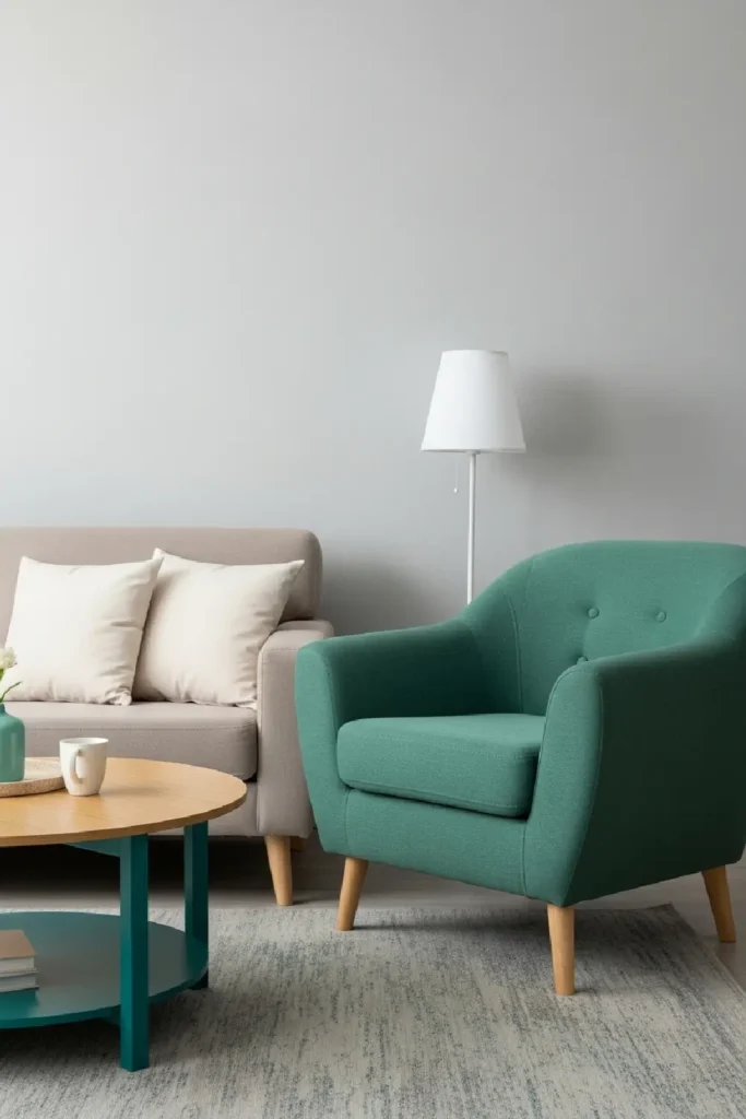 Teal armchair beside neutral sofa in balanced room