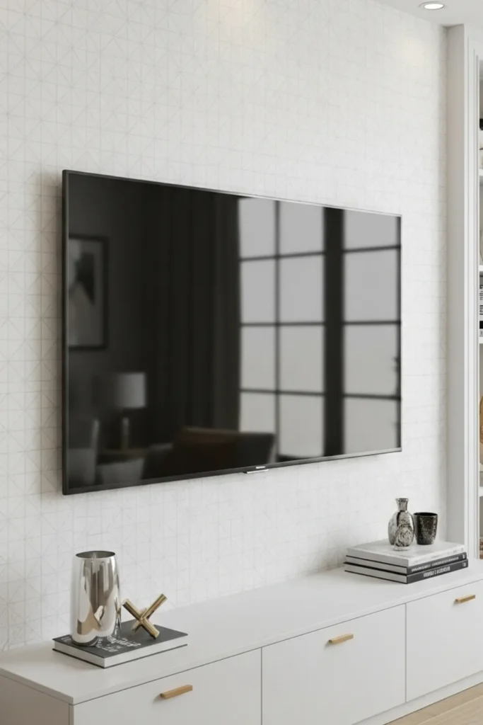 Subtle gray geometric wallpaper adds depth behind TV