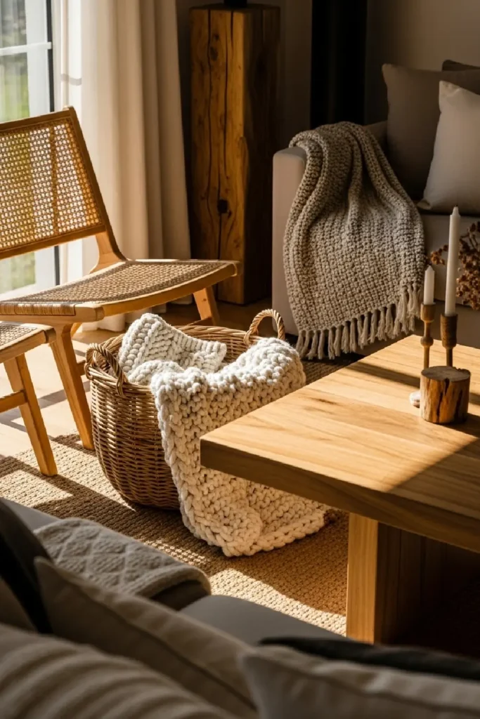 Natural wood, wicker, and rattan add cozy warmth