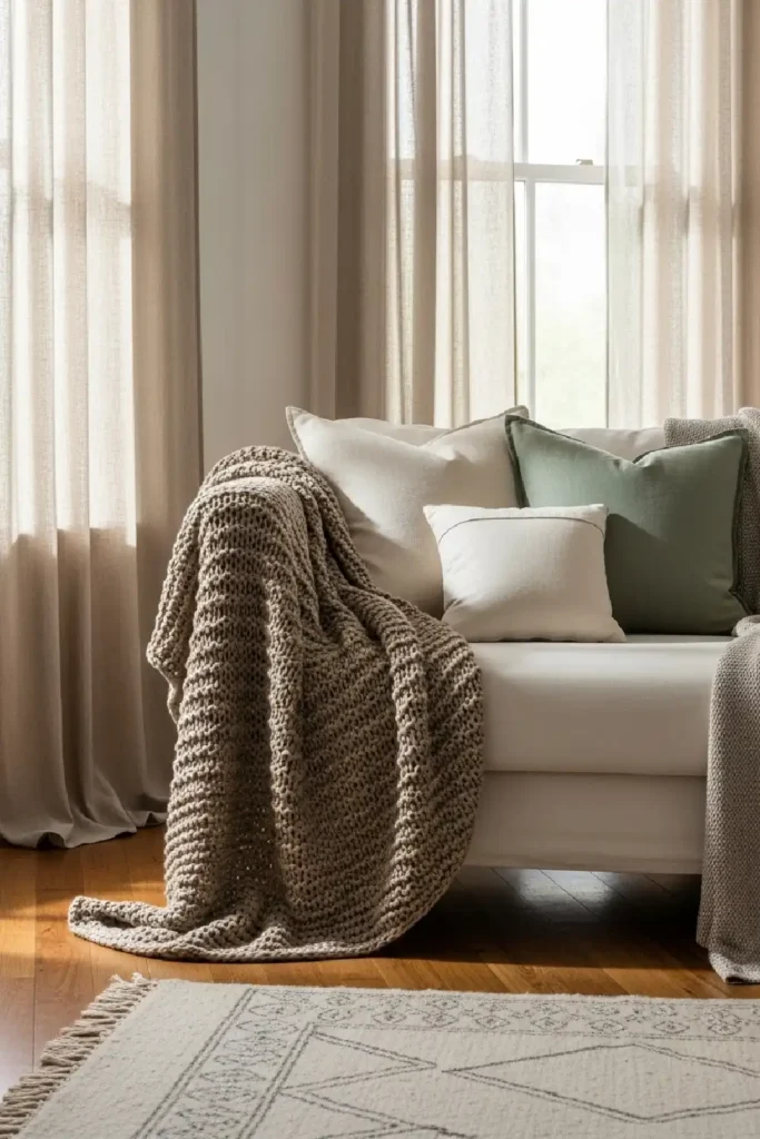 Cozy linen curtains and soft textiles