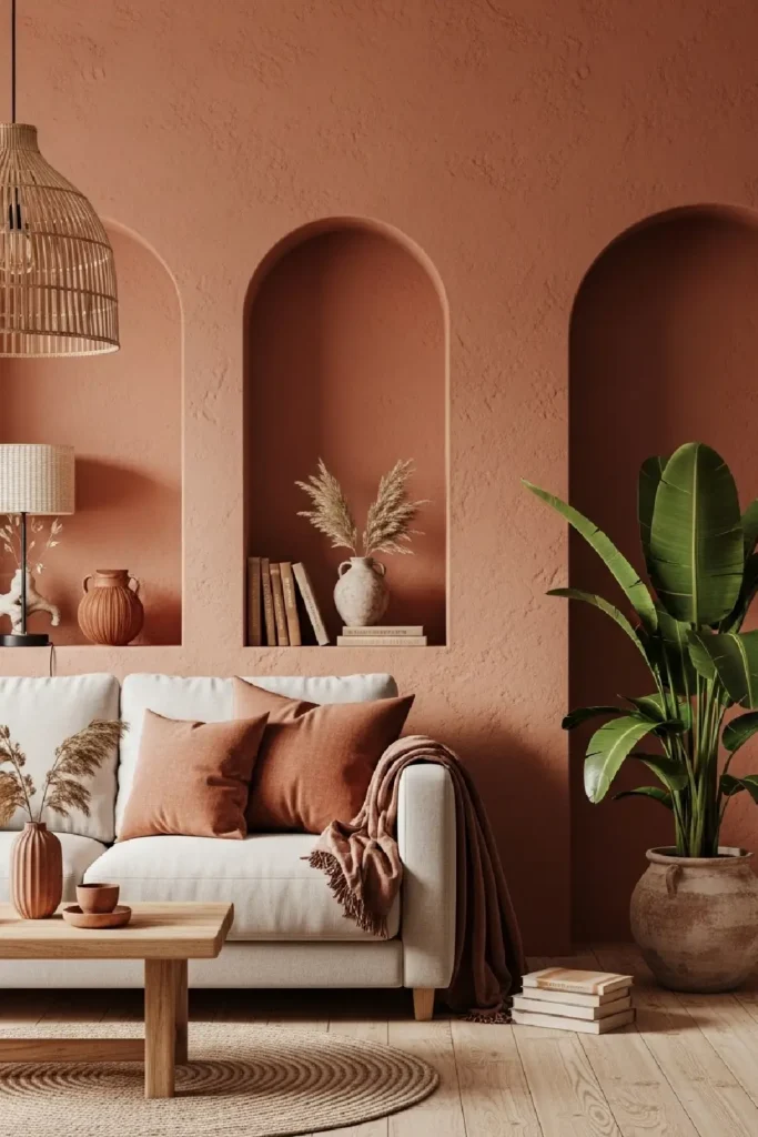 Earth tones and terracotta walls create calming warmth