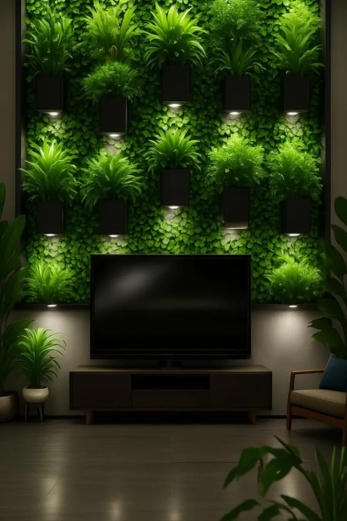 Large aWall-mounted planters create lush green backdrop behind TVbstract painting hangs balanced above mounted TV