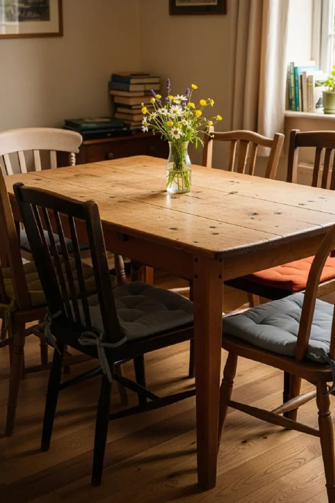Rustic worn wood table with cushions