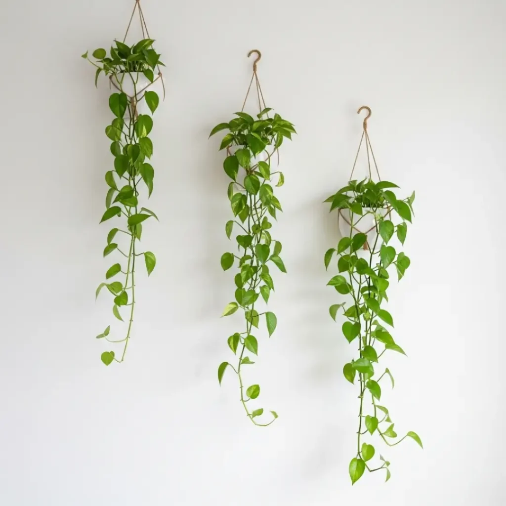 White ceramic planters with trailing green pothos