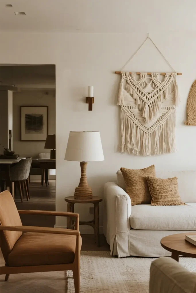 Neutral woven tapestry hanging on wooden rod