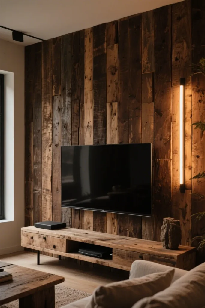 Vertical reclaimed wood wall adds warmth behind TV