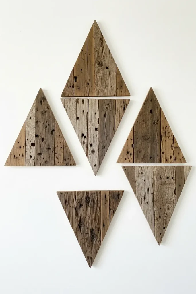 Reclaimed wood triangles arranged in diamond pattern