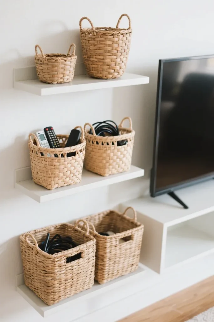Wicker baskets on floating shelves hide clutter near TV