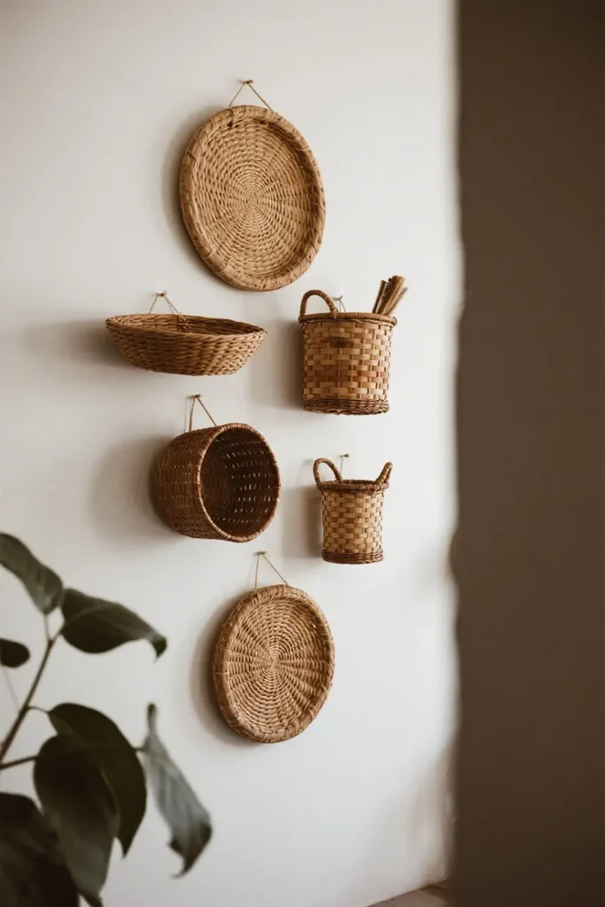 Round rattan baskets hung in square formation